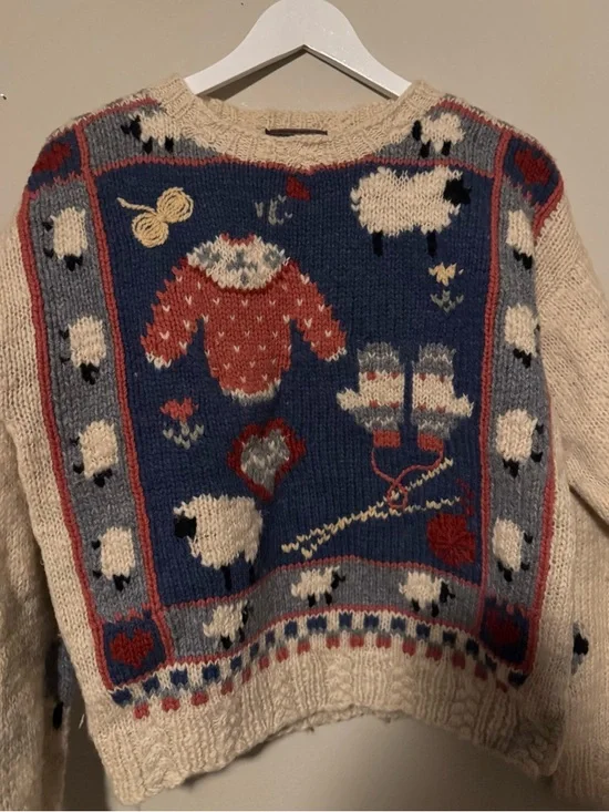 Vintage 90’s Woolrich Cream Knit Sweater with Cottage-core Sheep Motif- Size M - Picture 14 of 14